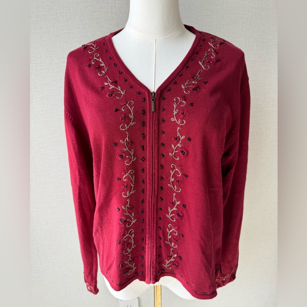 Christopher & Banks Burgundy V-Neck Embroidered Zip Cardigan